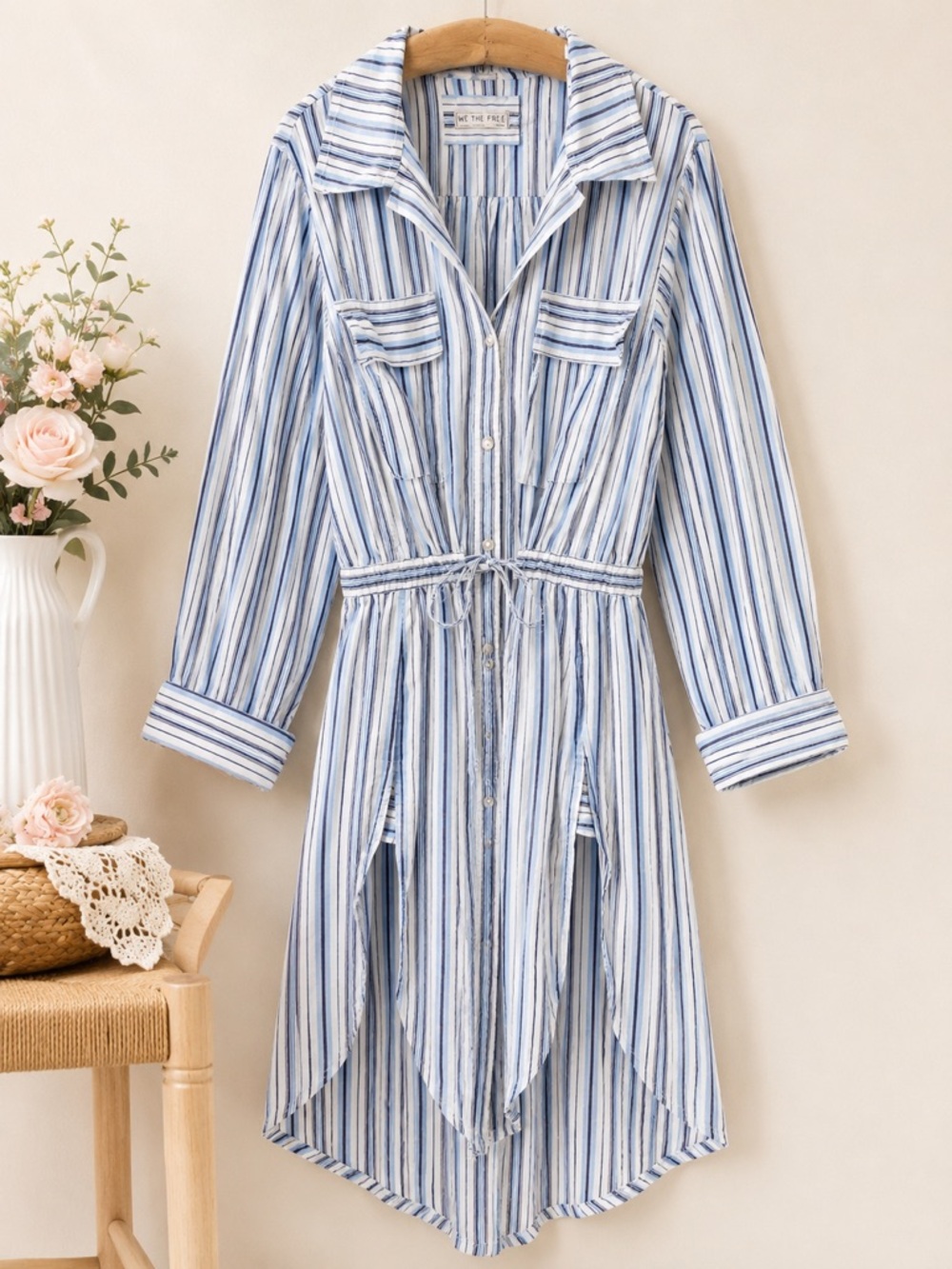 We The Free Striped Cotton Shirt Dress XL Button Front Tie Waist
